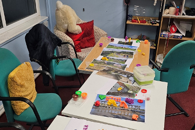 Table with materials for Telling Tales project